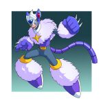  1boy android armor cat_boy cat_tail claws fang forehead_jewel full_body fur_collar gloves helmet highres mega_man_(classic) mega_man_(series) mega_man_v open_mouth pluto_(mega_man) purple_armor purple_gloves purple_helmet red_eyes robot robot_ears solo tail teeth toastiepumpkin two-tone_background upper_teeth_only 