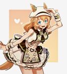  1girl bare_shoulders blonde_hair blue_eyes brown_neckerchief cake_print commentary_request double_bun ear_ornament ears_through_headwear food_print green_nails hair_bun hat highres horse_girl horse_tail mg_(_dokan_) neckerchief official_alternate_costume shirt skirt sleeveless sleeveless_shirt solo star_ornament taiki_shuttle_(umamusume) tail teeth umamusume white_hat white_shirt white_skirt 