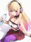  1girl absurdres adahime_(shadowverse:_worlds_beyond) bare_arms bare_shoulders belt black_belt black_eyes black_nails black_skirt black_tube_top blonde_hair blush bottle breasts cleavage commentary_request detached_collar feet_out_of_frame fingernails gradient_hair hand_up headphones highres holding holding_bottle large_breasts looking_at_viewer multicolored_hair multicolored_skirt multicolored_tube_top nail_polish negidesu1105 pantyhose parted_lips pink_hair pink_streaks purple_pantyhose red_pupils red_skirt shadowverse shadowverse:_worlds_beyond signature simple_background sitting skirt sleeveless solo strapless streaked_hair striped_clothes striped_skirt tube_top two-tone_hair two-tone_skirt two-tone_tube_top white_background white_tube_top 