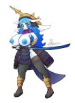 alyrise anthro anthrofied armor big_breasts blue_eyes blue_hair blue_nipples blush breasts celeste_(basketgardevoir) clothed clothing cosplay exposed_breasts female footwear freckles greaves hair headgear helmet hi_res holding_object holding_sword holding_weapon horn katana leg_armor legwear long_hair looking_at_viewer mammal melee_weapon mustelid nintendo nipples no_underwear oshawott partially_clothed pok&eacute;mon pok&eacute;mon_(species) pok&eacute;morph samurai samurott sandals signature simple_background smile solo stockings sword video_games warrior weapon white_background white_body white_skin 
