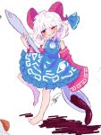  1girl blue_dress commentary_request detached_sleeves dress earrings facial_hair full_body goatee highres holding holding_spoon jewelry medium_hair oversized_object oversized_spoon pointy_ears sleeveless sleeveless_dress soesoe300 solo spoon touhou toutetsu_yuuma wide_sleeves 