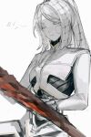  1girl beamed_sixteenth_notes cable_hair closed_eyes colored_skin commentary_request cyborg eighth_note faust_(project_moon) flesh hand_on_weapon harume_neko high_ponytail highres holding holding_sword holding_weapon humming limbus_company long_hair musical_note organic_weapon ponytail project_moon ring_(identity)_(project_moon) robot_girl simple_background sitting skin_seams smile solo spoken_musical_note sword upper_body weapon white_background white_hair white_skin 