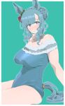  1girl absurdres alternate_costume animal_ears aqua_background aqua_one-piece_swimsuit bare_shoulders blue_hair blush border braid breasts commentary_request covered_navel crown_braid grin hair_between_eyes hair_bun highres horse_ears horse_girl horse_tail kumabachi315 medium_breasts mejiro_ardan_(umamusume) one-piece_swimsuit purple_eyes smile solo swimsuit tail tail_through_clothes umamusume white_border 