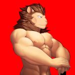  1:1 abs anthro barely_visible_genitalia barely_visible_penis biped blue_eyes brown_mane claws felid flaccid fur genitals half-length_portrait hands_crossed hi_res jrjresq lion male mammal mane muscular muscular_anthro muscular_male nipples nude pantherine pecs penis pink_nipples pink_nose portrait red_background side_butt simple_background solo tan_body tan_fur three-quarter_view white_claws 