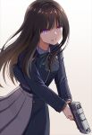  1girl backlighting belt black_hair blue_belt blue_dress bright_pupils clenched_teeth collared_shirt commentary cowboy_shot dress fighting_stance green_ribbon grey_dress gun hair_between_eyes handgun hands_up highres holding holding_gun holding_weapon hyoe_(hachiechi) inoue_takina long_hair long_sleeves looking_at_viewer lycoris_recoil lycoris_uniform neck_ribbon nishikigi_chisato pleated_dress purple_eyes ribbon shirt sidelocks simple_background solo teeth two-tone_dress v-shaped_eyebrows weapon white_background white_pupils white_shirt 