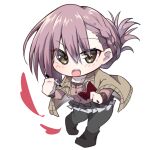  1girl black_boots black_pantyhose black_skirt blush book boots braid brown_eyes brown_shawl chibi chibi_only commentary_request eyes_visible_through_hair folded_ponytail frilled_shirt frills full_body gabanborjarnon hair_behind_ear hair_between_eyes heart holding holding_book holding_marker looking_at_viewer marker medium_hair miniskirt open_mouth pantyhose pink_hair pink_shirt pleated_skirt sakura_no_uta shawl shirt side_braid simple_background skirt solo standing teeth toritani_makoto two-tone_skirt upper_teeth_only white_background white_skirt 