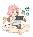  1girl :q ahoge barefoot black_shorts blue_camisole blush camisole closed_mouth commentary_request drawstring fat_cat_(ff14) feet final_fantasy final_fantasy_xiv handheld_game_console holding holding_handheld_game_console lalafell navel nintendo_switch_2 onyhakase pink_eyes pink_hair playing_games playing_video_games pointy_ears short_hair shorts simple_background sitting soles solo spread_legs striped_camisole toes tongue tongue_out warrior_of_light_(ff14) white_background 