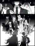  4boys 5girls absurdres black_claws blue_haori breasts cable_hair chain chain_around_arm cherry_oux coat cosplay don_quixote_(project_moon) english_text eye_mask facial_tattoo faust_(project_moon) fur-trimmed_coat fur_trim greyscale half_eye_mask haori hat heathcliff_(project_moon) highres holding holding_sword holding_weapon hong_lu_(project_moon) index_(identity)_(project_moon) ishmael_(project_moon) jacket japanese_clothes large_breasts limbus_company mask middle_(identity)_(project_moon) monochrome multiple_boys multiple_girls necktie ootachi outis_(project_moon) oversized_forearms oversized_limbs pinky_(identity)_(project_moon) procuration_(e.g.o) project_moon ring_(identity)_(project_moon) robot_boy robot_girl rodion_(project_moon) sinclair_(project_moon) skirt suit sword sword_on_back sword_tassel tassel tattoo thighhighs thumb_(identity)_(project_moon) top_hat vest weapon weapon_on_back weapon_tassel yi_sang_(project_moon) 