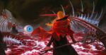  1boy absurdres battle blonde_hair blue_eyes bone cape final_fantasy final_fantasy_xiv from_behind glowing glowing_eyes highres holding holding_weapon horns long_hair male_focus monster outdoors ribs skeleton solo spine standing sword weapon wings yueh zenos_yae_galvus 