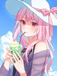  1other akiyama_mizuki black_shirt blue_sky blush closed_mouth cloud colored_eyebrows commentary cumulonimbus_cloud day drink drinking drinking_straw drinking_straw_in_mouth food from_side hair_down hands_up hat highres holding holding_drink hot ice_cream ice_cream_float long_hair looking_at_viewer melon_soda mis_08 off_shoulder other_focus outdoors pink_eyes pink_hair project_sekai see-through_clothes shirt sidelocks sky sleeveless sleeveless_shirt solo sun_hat sweat turning_head twitter_username upper_body white_hair 