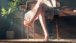  1girl absurdres commentary_request crossed_legs dress feet foot_focus glass_slipper head_out_of_frame high_heels highres indoors instrument legs lower_body mr_ito original piano plant potted_plant see-through_clothes shoe_dangle sitting soles solo sunlight table thighs toes white_dress 