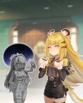 2girls :t absurdres animal_ear_fluff animal_ears blonde_hair blush breasts cleavage closed_eyes closed_mouth colored_inner_hair cowboy_shot eating food happy highres holding holding_food holding_wallet jacket ju_fufu long_hair multicolored_hair multiple_girls pout shirt striped_fur striped_hair tail teabaek thigh_strap tiger_ears tiger_girl tiger_stripes tiger_tail wallet white_hair yellow_jacket yixuan_(zenless_zone_zero) zenless_zone_zero 