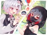  2girls :d averting_eyes bare_shoulders beret black_hat blush border colored_inner_hair commentary_request embarrassed flower gradient_hair grass grey_hair hair_flower hair_ornament hand_grab hat highres long_sleeves looking_at_another mahou_shoujo_no_majo_saiban mask mouth_mask multicolored_hair multiple_girls open_mouth outdoors pink_eyes pink_hair puppet666 red_eyes sakuraba_ema shito_alisa short_hair smile spoken_character spoken_object upper_body water white_border white_flower white_hair x_hair_ornament 