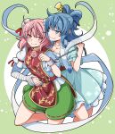  2girls anger_vein angry bandaged_arm bandages blue_dress blue_eyes blue_hair breasts chain cleavage closed_mouth commentary_request cuffs double_bun dress eichi_yuu frilled_dress frills green_skirt hagoromo hair_between_eyes hair_bun hair_ornament hair_rings hair_stick holding holding_chain ibaraki_kasen kaku_seiga large_breasts multiple_girls open_clothes open_vest pink_eyes pink_hair revision ribbon ribbon-trimmed_skirt ribbon_trim shackles shaded_face shawl shirt short_hair short_sleeves skirt smile tabard touhou vest white_shirt white_vest yuri 