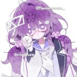  1girl artist_name blue_collar blush collar flower glasses hair_flower hair_ornament holding jacket looking_at_viewer low_twintails memuro messy_hair original purple_eyes purple_hair purple_shirt sailor semi-rimless_eyewear shirt solo twintails under-rim_eyewear upper_body white_jacket 
