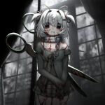  1girl absurdres antennae bandaid bandaid_on_chest blood blood_on_clothes blood_on_face chain chiko_(vtuber) cindrr collar commentary gauze gauze_on_leg grey_skirt hair_intakes hair_ornament hairclip highres indie_virtual_youtuber long_sleeves looking_at_viewer medium_hair metal_collar oversized_object parallel_hairclips scissors sharp_teeth single_bare_shoulder skirt sleeves_past_wrists solo teeth two_side_up virtual_youtuber white_hair window 