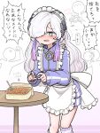  1girl 1other apron blue_eyes blue_jacket blue_track_suit blush breasts cevio commentary_request eyes_visible_through_hair flower-shaped_pupils food frilled_apron frills grey_hair hair_over_one_eye heart heart_hands highres jacket jersey_maid kamitsubaki_studio leg_warmers long_sleeves loose_socks maid maid_apron maid_headdress nervous o-ring one_eye_covered pasta purple_eyes purple_hair sekai_(cevio) shorts sidelocks slim_legs small_breasts socks symbol-shaped_pupils t_masoppu track_jacket track_suit turtleneck turtleneck_jacket unconventional_maid waist_apron wavy_mouth white_apron white_headdress zipper_pull_tab 