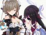  2girls 3d absurdres arm_ribbon bare_shoulders black_collar black_hair black_ribbon black_sleeves blush bonnet breasts brown_hair cleavage clenched_teeth closed_eyes closed_mouth collar columbina_(genshin_impact) commentary crossed_arms detached_collar detached_sleeves dress embarrassed english_commentary female_pervert genshin_impact gloves gradient_hair hair_ornament hair_ribbon hand_on_own_chin head_wings headdress highres i_really_like_wearing_sunglasses_(meme) long_hair long_sidelocks long_sleeves looking_at_breasts meme multicolored_hair multiple_girls multiple_wings pervert purple_hair purple_streaks ribbon sandrone_(genshin_impact) shinshogun short_hair short_hair_with_long_locks sidelocks simple_background smile streaked_hair sunglasses teeth two-tone_hair very_long_hair white_background white_dress white_headdress white_ribbon white_wings winding_key wing_hair_ornament wings wrist_bow you're_doing_it_wrong yuri 