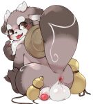 2021 anthro anus balls big_balls blush butt canid canine clothing genitals hat headgear headwear kemono male mammal ookm penis raccoon_dog simple_background sitting solo tanuki tongue tongue_out white_background young 