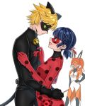  1boy 2girls adrien_agreste alya_cesaire animal_ears arms_around_another's_waist black_bodysuit black_mask blonde_hair blue_eyes blue_hair bodysuit cat_ears chat_noir colored_sclera commentary_request earrings eye_mask fox_ears green_eyes green_sclera hand_on_own_hip itk_edo jewelry ladybug_(miraculous_ladybug) marinette_dupain-cheng mask miraculous_ladybug multiple_girls orange_hair orange_mask polka_dot_bodysuit ponytail red_bodysuit rena_rouge twintails white_background 