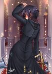  1girl adsouto arm_up back black_hair blue_eyes blush from_behind hallway highres holding holding_weapon keyblade kingdom_hearts kingdom_key looking_at_viewer looking_back red_carpet short_hair smile solo weapon xion_(kingdom_hearts) 