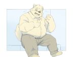  2021 4:3 anthro bottomwear canid canine canis clothing domestic_dog eating food inunoshippo kemono male mammal moritaka overweight overweight_anthro overweight_male pants scar shirt sitting slightly_chubby solo tokyo_afterschool_summoners topwear video_games 