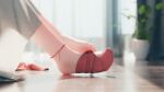  1girl absurdres anklet barefoot blurry blurry_background close-up commentary curtains depth_of_field feet foot_focus grey_skirt highres indoors jewelry lower_body mr_ito no_shoes original plant potted_plant red_socks reflective_floor sitting skirt socks soles solo toes wooden_floor 
