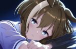  1girl animal_ears brown_hair cheval_grand_(umamusume) close-up commentary_request hair_between_eyes horse_ears horse_girl looking_at_viewer lying_on_water multicolored_hair nanasedayoxd puffy_short_sleeves puffy_sleeves purple_shirt sailor_collar school_uniform shirt short_hair short_hair_with_long_locks short_sleeves solo streaked_hair tracen_school_uniform umamusume water white_sailor_collar white_streaks 
