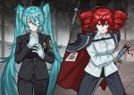  2girls adjusting_clothes adjusting_gloves ahoge alternate_eye_color aqua_hair black_coat black_jacket black_necktie black_pants black_suit closed_mouth coat coat_on_shoulders cockroach1239 collared_shirt cosplay cowboy_shot double-parted_bangs drill_hair eye_mask fighting_stance gloves hair_between_eyes half_eye_mask hatsune_miku highres holding holding_weapon id_card jacket kasane_teto limbus_company long_hair long_sleeves mask multiple_girls necktie one_eye_covered pants project_moon ready_to_draw red_eyes red_hair rien_(project_moon) rien_(project_moon)_(cosplay) ryoshu_(project_moon) ryoshu_(project_moon)_(cosplay) serious shirt smile smug split_screen suit suit_jacket sword twin_drills twintails two-sided_coat two-sided_fabric utau very_long_hair vocaloid weapon white_gloves white_shirt yellow_eyes 