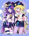  2girls alternate_costume aqua_eyes blonde_hair blue_background blunt_bangs colored_inner_hair earrings fishnets gochii_tears hand_on_own_hip highres honekoneko_(psg) hoop_earrings jewelry long_hair multicolored_hair multiple_girls navel panty_&amp;_stocking_with_garterbelt panty_(psg) pink_hair police police_badge police_uniform policewoman siblings sisters stocking_(psg) stuffed_animal stuffed_cat stuffed_toy third-party_source two-tone_hair 