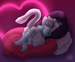  2021 4_toes anthro bedroom_eyes big_breasts blep breasts celestbrook claws coltron20 digital_media_(artwork) fangs feet felid female fur genitals hair hands_behind_head hi_res holidays inner_ear_fluff jiara_jaro_(coltron20) looking_at_viewer lying machairodontine mammal narrowed_eyes nipples nude on_back pillow pose pussy sabertooth_(anatomy) seductive signature smile solo striped_body striped_fur stripes teeth toe_claws toes tongue tongue_out tuft valentine&#039;s_day watermark white_body white_fur white_hair 
