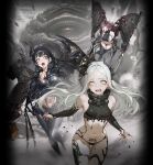  3girls above-cleavage_cutout armor bare_shoulders behemoth_(nikke) belt bikini black_armor black_bikini black_bodysuit black_gloves black_hair black_horns black_lips black_liquid black_nails blunt_bangs bodysuit boobplate breasts bridal_gauntlets chest_belt clenched_hand clothing_cutout commentary_request dramz ear_piercing earclip elbow_gloves fleeing forehead gloves goddess_of_victory:_nikke green_eyes grey_hair groin hair_between_eyes hair_over_one_eye highres horns large_breasts latex latex_bikini leviathan_(nikke) liquid_clothes long_hair monster multiple_girls navel o-ring o-ring_belt official_art one_side_up open_mouth parted_bangs piercing pink_hair pointy_ears pubic_tattoo rapture_(nikke) red_eyes rigging sharp_teeth sideboob sidelocks single_horn small_breasts stomach sweat swimsuit tattoo teeth tongue_piercing turtleneck very_long_hair ziz_(nikke) 