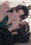  2boys :t adam's_apple architecture averting_eyes bindi black_hanfu blush chinese_clothes commentary curled_fingers curtained_hair east_asian_architecture eetttaaa forehead_blush furrowed_brow green_eyes green_hanfu half_updo hand_on_another's_neck hand_up hanfu high_ponytail highres holding_another's_wrist imminent_kiss long_sleeves looking_at_another looking_to_the_side luo_binghe male_focus multiple_boys parted_bangs parted_lips ponytail ribboned_xiao_guan shen_qingqiu sidelocks sideways tearing_up the_scum_villain's_self-saving_system untranslatable_commentary wavy_hair window yaoi zuiyin 