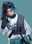  1boy aqua_hair black_gloves black_shirt fingerless_gloves gloves green_background hand_in_own_hair kaisei_(2nd_costume)_(nijisanji) kaisei_(nijisanji) kurotayan layered_sleeves long_hair long_sleeves looking_at_viewer male_focus multicolored_hair nijisanji official_alternate_costume ponytail red_eyes shirt short_over_long_sleeves short_sleeves simple_background smile solo turtleneck two-tone_hair undershirt upper_body virtual_youtuber white_shirt 