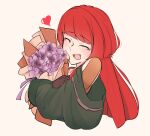  1girl bangs closed_eyes colorized flower gloves heart holding lagsa last_origin open_mouth purple_flower red_hair smile t-3_leprechaun teeth tongue white_background 