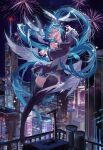  1girl absurdres bare_shoulders black_skirt black_sleeves blue_hair blue_necktie breasts building city city_lights detached_sleeves fireworks full_body grey_shirt hair_between_eyes hair_ornament hatsune_miku highres holding long_hair low_wings necktie night open_mouth outdoors rooftop shirt skirt sky sleeveless sleeveless_shirt solo thighhighs twintails very_long_hair vocaloid white_wings wings xiaoyangmei 