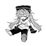  1girl :d arm_rest blush bow chibi chibi_only closed_eyes collar commentary_request eighth_note facing_viewer full_body greyscale hair_bow hair_intakes highres iwonu layered_shirt legs_apart long_hair long_sleeves monochrome musical_note open_mouth original pants print_shirt punk shirt shoe_soles shoes short_sleeves simple_background sitting sleeves_past_fingers sleeves_past_wrists smile sneakers solo spiked_collar spikes striped_clothes striped_shirt twintails white_background 