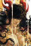  1boy black_hair covered_eyes dark-skinned_male dark_skin earrings hair_over_eyes highres horns jewelry long_hair male_focus neck_tattoo pointy_ears simple_background smile solo sultan's_game tattoo teeth the_sultan_(sultan's_game) yueh 