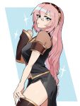  1girl artist_name black_shirt black_skirt black_thighhighs blueysart commentary english_commentary from_side headset highres long_hair megurine_luka pink_hair see-through_clothes see-through_sleeves shirt side_slit skirt solo thighhighs thighs vocaloid 