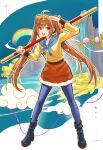  1girl :d ahoge animal_print ankle_boots antenna_hair black_boots blue_pantyhose blue_scarf bo_staff boots brown_hair commentary cosplay double-parted_bangs eiyuu_densetsu estelle_bright floating_hair full_body gold_tiara hair_between_eyes holding holding_staff journey_to_the_west kernel_killer long_hair long_sleeves looking_at_viewer open_mouth over_shoulder pantyhose platform_boots red_eyes scarf shirt smile solo sora_no_kiseki staff sun_wukong sun_wukong_(cosplay) tiara tiger_print tiger_print_skirt twintails untranslatable_commentary very_long_hair weapon weapon_over_shoulder yellow_shirt 