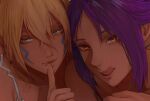  2girls arrancar bare_shoulders bleach blonde_hair bra close-up crossed_bangs dark-skinned_female dark_skin facial_mark finger_to_mouth green_eyes hair_between_eyes index_finger_raised licking_lips looking_at_viewer luwdd multiple_girls naughty_face parted_bangs ponytail purple_hair shihouin_yoruichi sidelocks tier_harribel tongue tongue_out underwear yellow_eyes 