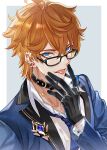  1boy alternate_costume bangs bespectacled black-framed_eyewear black_collar black_gloves blue_eyes blue_jacket blue_neckwear collar crossed_bangs ear_piercing genshin_impact glasses gloves hair_between_eyes highres jacket long_sleeves male_focus necktie orange_hair piercing qing solo tartaglia_(genshin_impact) tongue tongue_piercing upper_body 