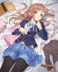  1girl absurdres bed_sheet black_pantyhose blazer blue_eyes blue_jacket blue_ribbon blush book breasts brown_hair chobi_(penguin_paradise) clothes_hanger comb commentary_request finger_to_mouth gakuen_idolmaster hair_bun hatsuboshi_gakuen_school_uniform highres himesaki_rinami idolmaster jacket long_hair long_sleeves looking_at_viewer lying neck_ribbon on_back pantyhose partially_unbuttoned ribbon school_uniform shirt skirt smile solo sweater teeth unworn_clothes white_shirt 
