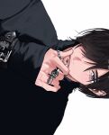  1boy absurdres aegyo_sal belt black_belt black_hair black_shirt blue_eyes blurry depth_of_field face_piercing fashion glint hair_over_one_eye hand_to_own_mouth highres jewelry lip_piercing lip_ring lips looking_at_viewer male_focus multiple_rings original piercing ring shirt sideways silver_ring simple_background sleeves_past_wrists solo teeth tsumoi_(infinity) turtleneck upper_body upper_teeth_only white_background wrist_belt 