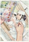  1boy apron art_brush artist_self-insert black_hair border brown_eyes closed_mouth commentary_request cook drawing_(object) food hat highres holding holding_food holding_knife holding_paintbrush honjo_kei kitaoka_souta kitchen_knife knife looking_at_another looking_back masami_(souta_no_houchou) meat official_art paintbrush painting_(action) pillbox_hat ponytail raw_meat shirt short_hair signature smile solo souta_no_houchou traditional_media watercolor_tray white_apron white_border white_hat white_shirt 