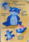 anthro blush bodily_fluids cum cum_while_penetrated embarrassed english_text genital_fluids hi_res male mammal penetration plush_stuffing plushie plushophilia procyonid raccoon sushiotter_(artist) text 