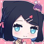  2girls black_hair blue_eyes blush box braid chibi chibi_only closed_mouth commentary_request dot_(pokemon) eyelashes gift gift_box hair_ornament hairclip hands_up heart highres holding holding_gift liko_(pokemon) long_sleeves looking_at_viewer multiple_girls outline pink_background pokemon pokemon_(anime) pokemon_horizons smile spoken_blush toumei_4869 