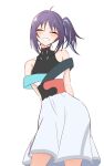  1girl ^_^ absurdres ahoge arms_behind_back bare_arms blue_streaks blush breasts cho_kaguya-hime! closed_eyes contrapposto covered_collarbone cowboy_shot dress eyeshadow facing_viewer grin happy highres makeup multicolored_hair off_shoulder purple_hair red_eyeshadow sakayori_iroha shirt short_hair side_ponytail sidelocks simple_background sleeveless sleeveless_shirt smile solo streaked_hair sweat turtleneck turtleneck_shirt white_background white_dress yukiguni773 