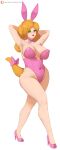  1girl absurdres alternate_costume animal_ears arms_behind_head bare_shoulders blonde_hair blue_eyes bow bowtie breasts covered_navel detached_collar eyeshadow fake_animal_ears full_body green_eyeshadow high_heels highleg highleg_leotard highres large_breasts legs leotard lizard_tail long_hair looking_at_viewer makeup mario_(series) one_eye_closed partial_humanization patreon_logo patreon_username pink_leotard playboy_bunny rabbit_ears seductive_smile smile solo standing strapless strapless_leotard super_smash_bros. tail the_adventures_of_super_mario_bros._3 traditional_bowtie web_address wendy_o._koopa white_background wrist_cuffs zelc-face 