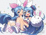  2girls :d ;d ass bemani blue_eyes blue_hair blush commentary_request confetti crotch_seam double-parted_bangs full_body hair_between_eyes highres kei_s01 long_hair looking_at_viewer loose_thighhigh multiple_girls near_(sound_voltex) noah_(sound_voltex) one_eye_closed open_mouth panties pink_thighhighs polka_dot polka_dot_background siblings sisters smile sound_voltex thighhighs twins two_side_up underwear watermark white_background white_panties white_thighhighs 